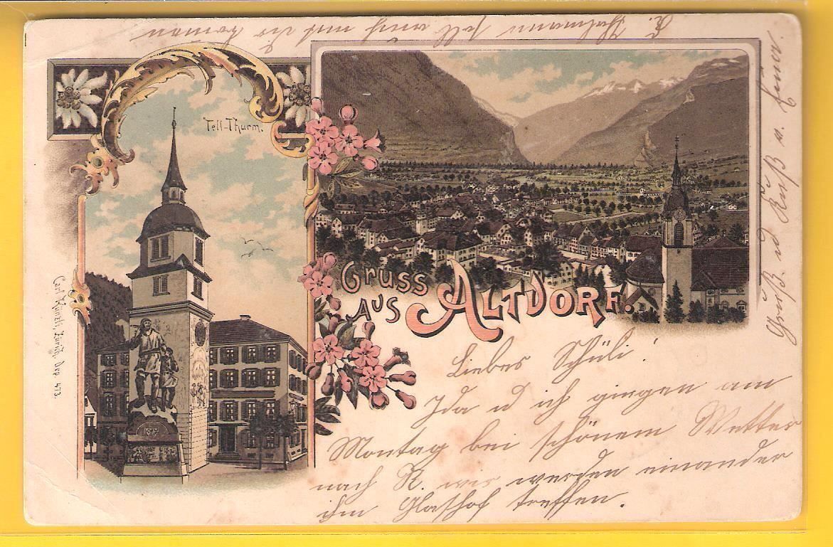 Cartoline postali: 1.6.1900 Farb-Litho/2-Bild "Gruss aus Altdorf" – Usato da Zürich venduto da Hagliweg 2