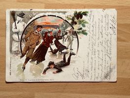 Alte Winter Postkarte, Eisläufer Szene, ca. 1899,