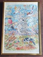 Fritz Hug 1974 Litho - Gartenvögel mit Kauz, mit Goldrahmen