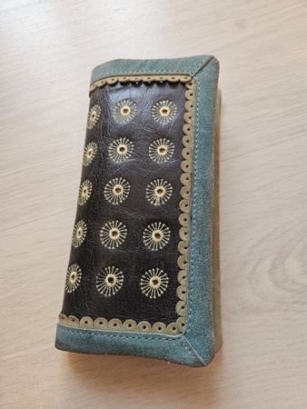 Edle Geldbörse Portemonnaie Leder grün Blumenmuster