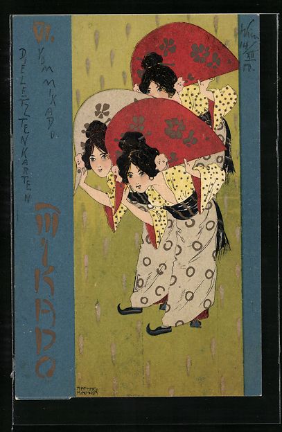 Cartoline postali: Raphael Kirchner: Mikado, Geishas in Kim – Usato da Berlin venduto da bartko-reher