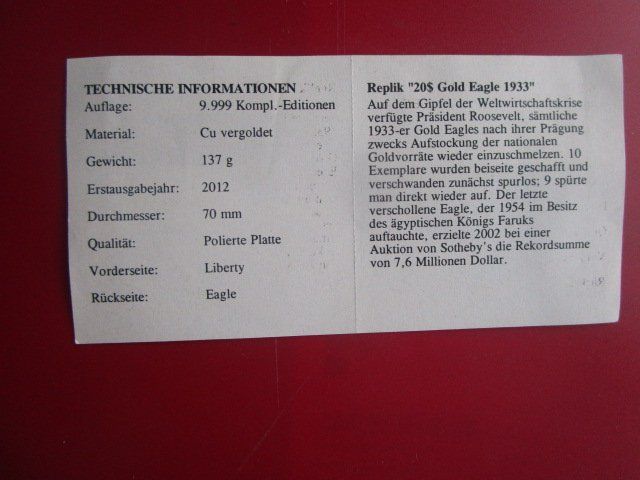 Medaglie: GIGANT: Replik "20$ Gold Eagle 1933" - PP - D = 70mm – Nuovo (secondo la descrizione) da Luzern venduto da Horoskop1 3