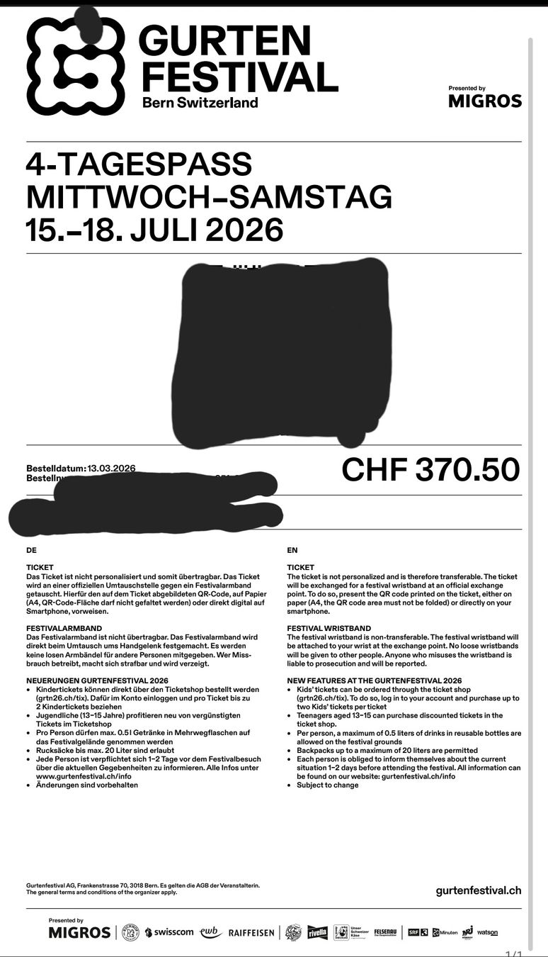Biglietti: Gurten Festival 4 Tagespass – Nuovo (secondo la descrizione) da Bern venduto da christiane_pr