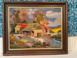 Handgesticktes Gobelinbild – Landschaft – grosser Holzrahmen