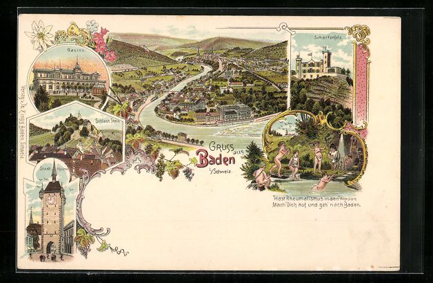 Ansichtskarten: Litho Baden, Schloss Stein, Casino, Stad – Gebraucht aus Berlin von bartko-reher