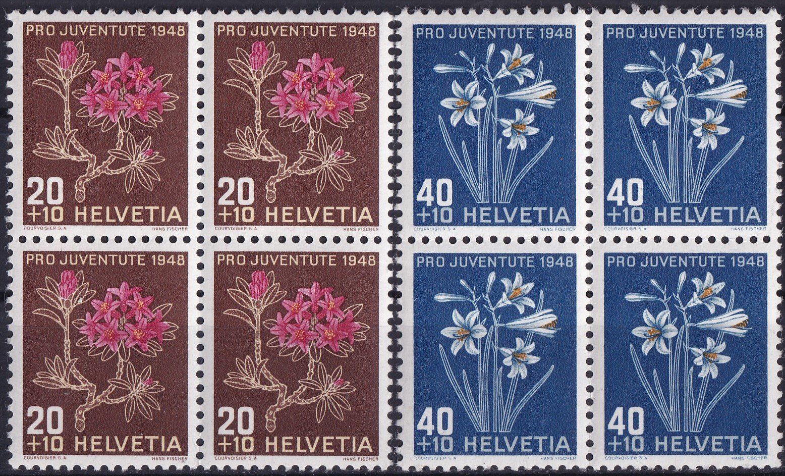 Tutti i francobolli: 1948, J125-J128 im Viererblock ** postfrisch, Kat: 28.-+ – Usato da Sursee venduto da Luzernerraute 3