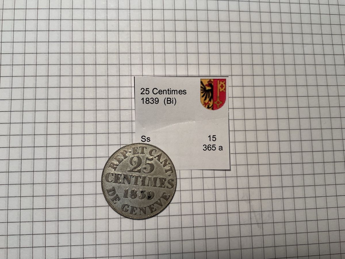 Alle Münzen: Genf  25 Centimes 1839 – Gebraucht aus Ursenbach von tho_8s6p 1