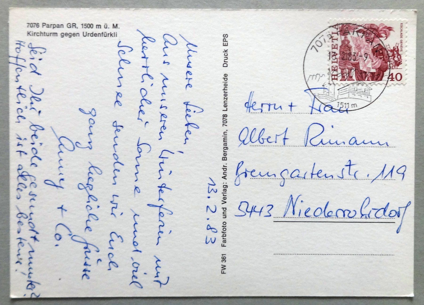 Cartes postales: Parpan,  1500 m ü.M., Kirchturm – D'occasion à Fétigny par Billy2miny 1