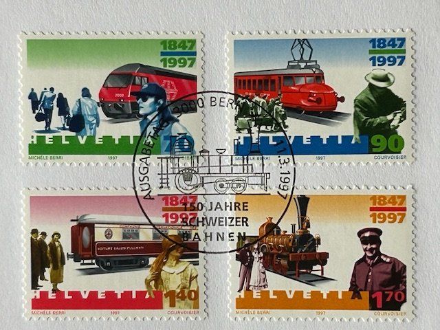 Tutti i francobolli: 150 Jahr Schweizer-Bahn 1997 Lok-2000 +Roter Pfeil +Pullmann – Usato da Ruswil venduto da Tango23 3