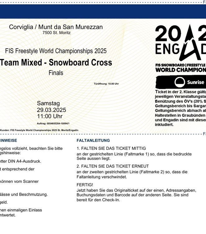 1 VIP-Ticket FIS Freestyle WM St.Moritz 29.3.25 inkl.Skipass (Neu und ...