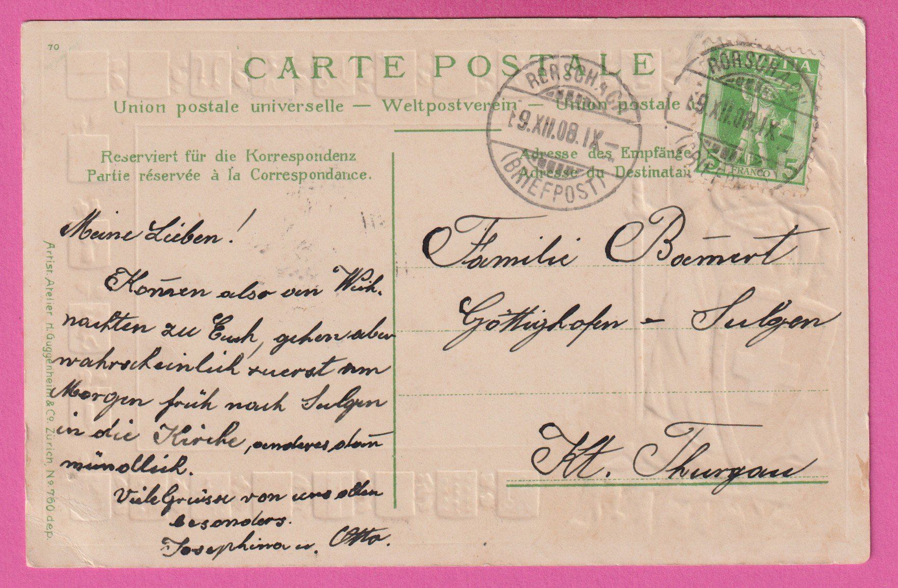 Cartoline postali: Prägekarte Rorschach gel 1908 – Usato da Einsiedeln venduto da dillie 1