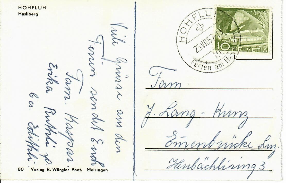 Ansichtskarten: Hohfluh 1957 – Gebraucht aus Hochdorf von Ziegel-16 1