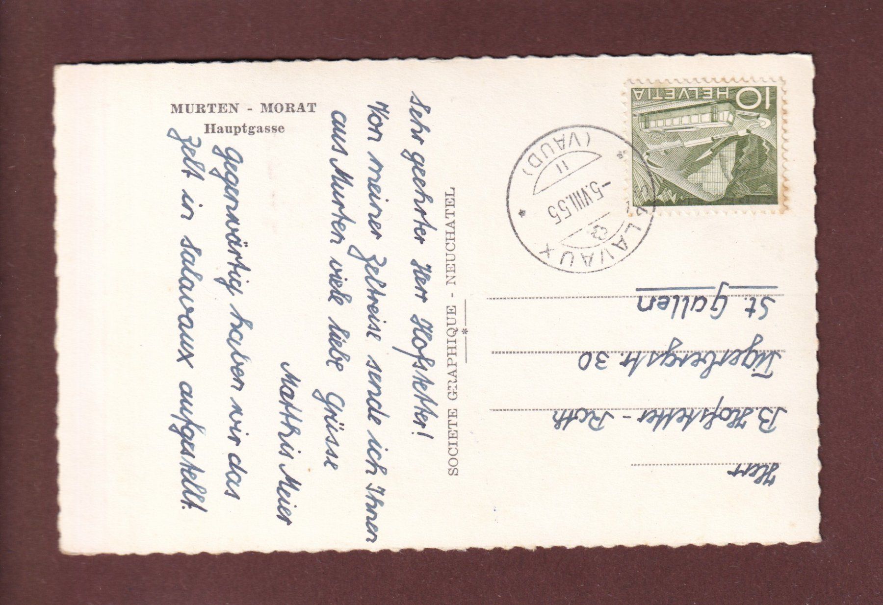Cartoline postali: MORAT / MURTEN - Hauptgasse - 1955 – Usato da Pully venduto da nicecards 1