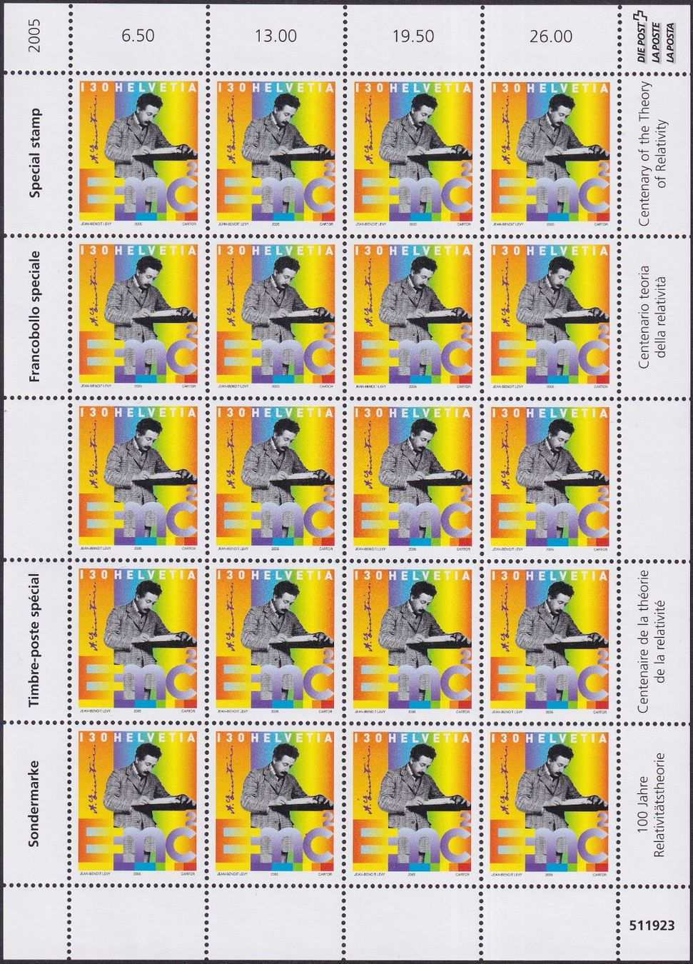 Tutti i francobolli: 2005, Nr.1156 "Einstein" Kleinbogen mit Abarten, Kat:225.- – Usato da Sursee venduto da Luzernerraute