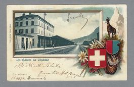 1902, CHIASSO, STAZIONE CON CORNICE LITOGRAFATA IN RILIEVO