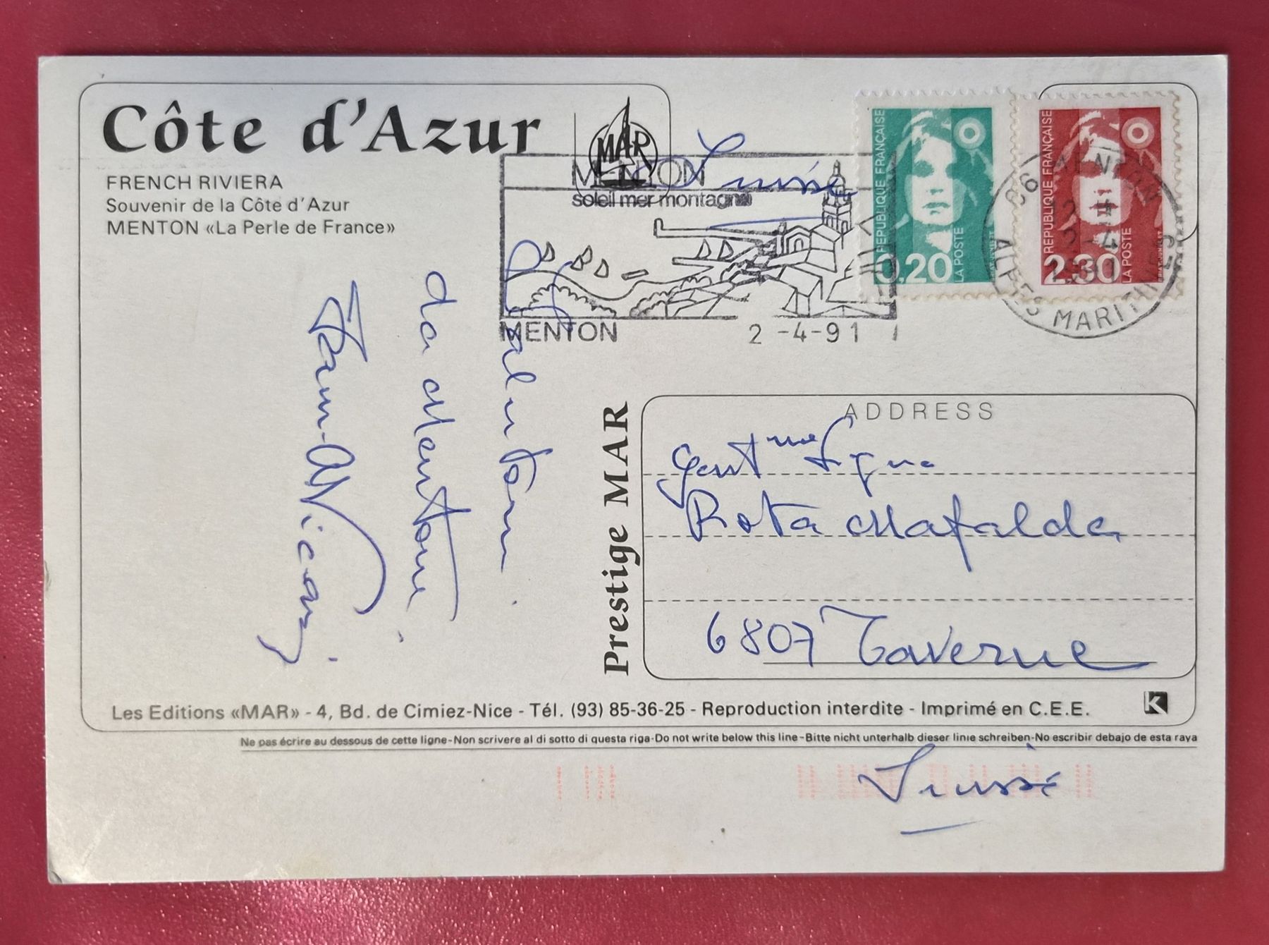 Cartoline postali: Menton Côte d Azur 1991 – Usato da Melchnau venduto da Arthurius 1
