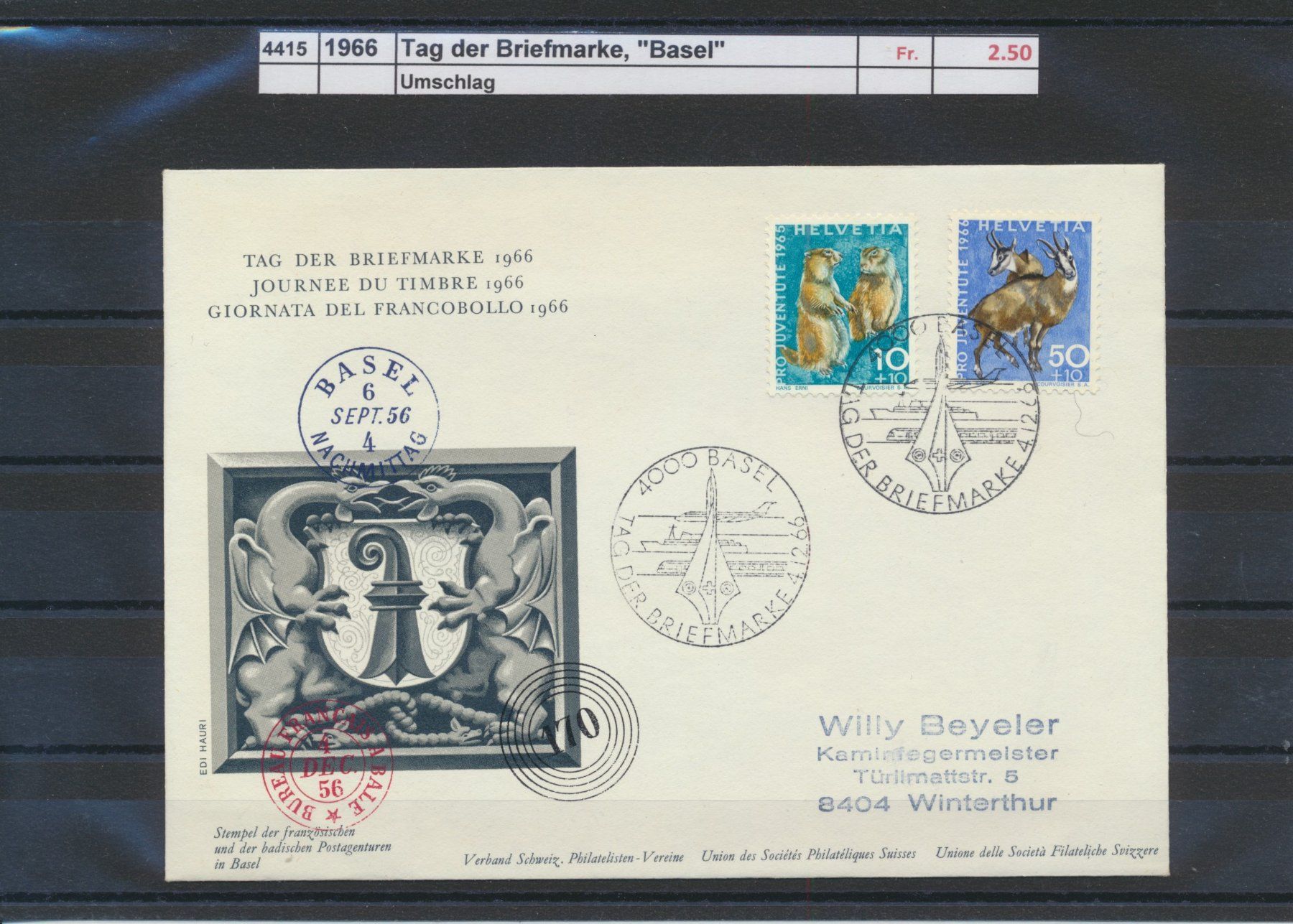 Tutti i francobolli: 1966 Tag der Briefmarke, "Basel", Umschlag – Usato da Winterthur venduto da Zupogeru