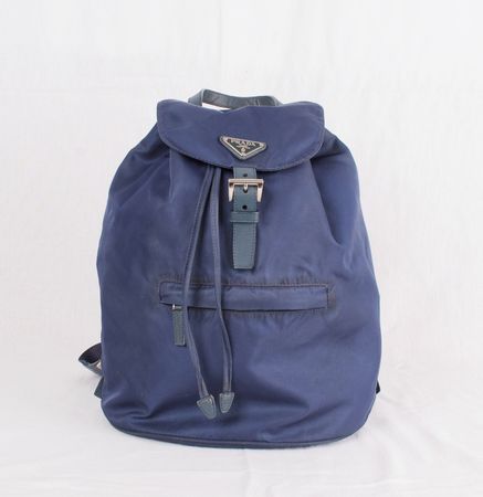 Auth PRADA Nylon leather drawstring backpack blue.