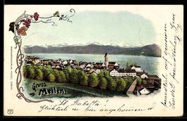 Litho Meilen, Ortsansicht am See mit Kir