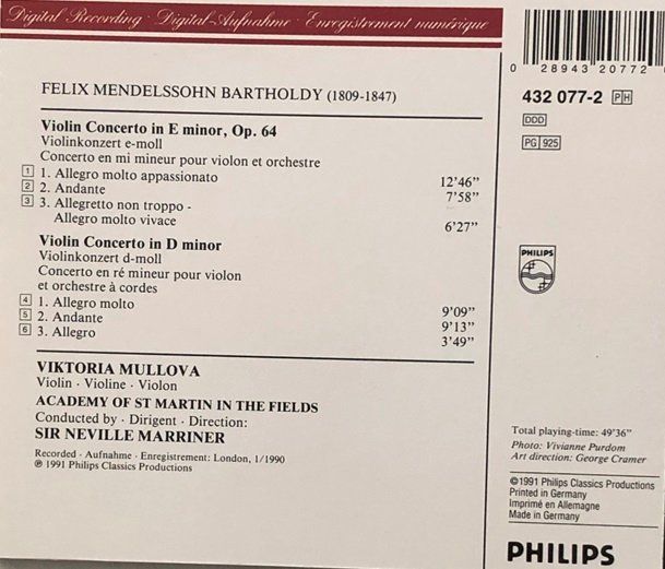 CD: Mendelssohn - Violinkonzerte (Mullova / Marriner) – Usato da Grüningen venduto da azulamarillo 1