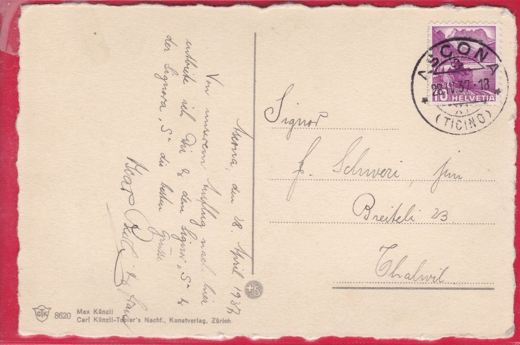 Cartoline postali: FRÖHLICHE TESSINERIN, 28.4.1937 – Usato da Oberrieden venduto da Gebirgsstelze 1