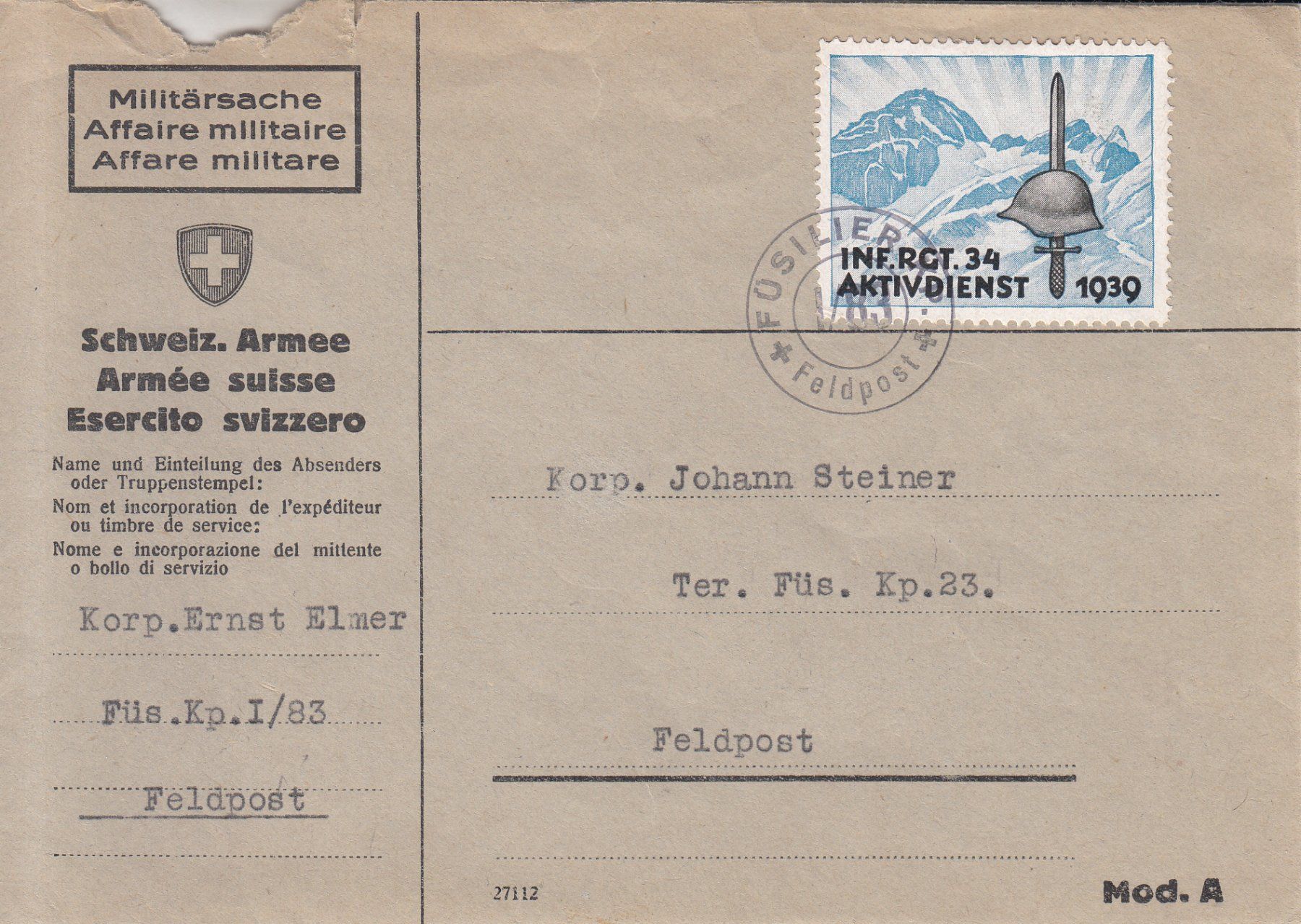 Tutti i francobolli: Infanterie Wi 314 auf Brief – Usato da Bürglen TG venduto da StampGraf