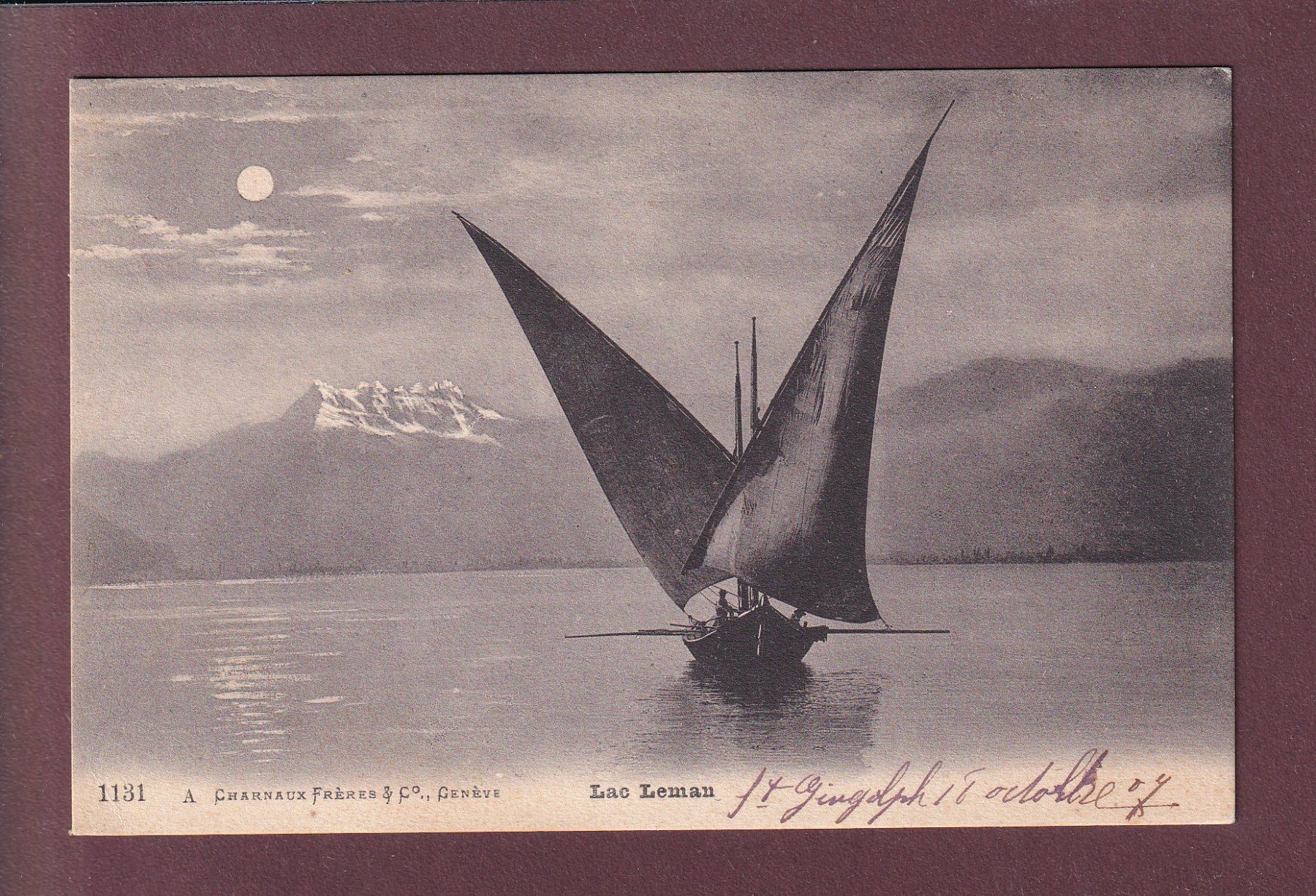 Cartoline postali: BARQUE du lac Léman - Clair de lune - 1907 – Usato da Pully venduto da nicecards