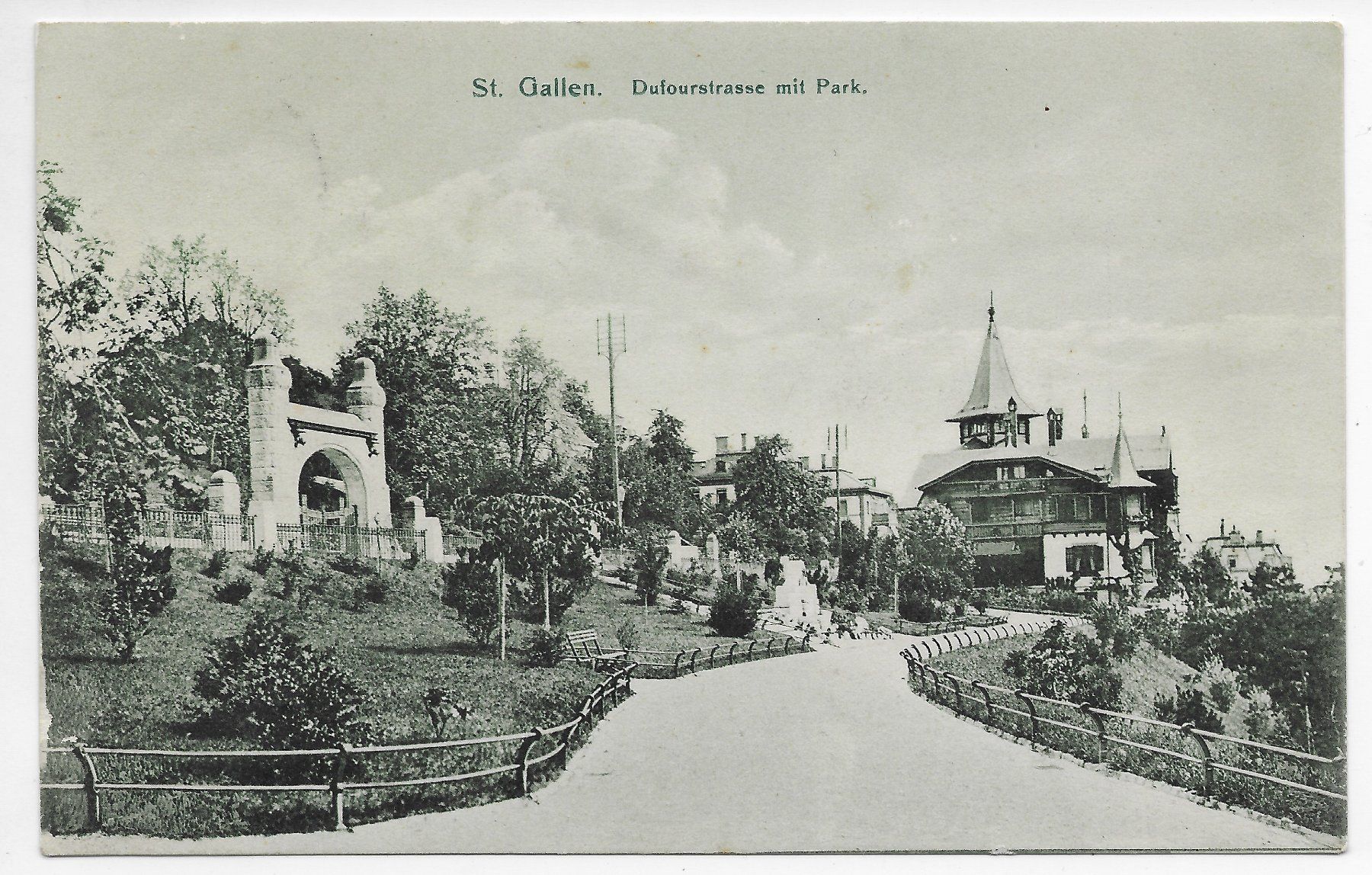 Ansichtskarten: St. Gallen, Dufourstrasse mit Park um 1908 – Gebraucht aus Hefenhofen von Richsalz