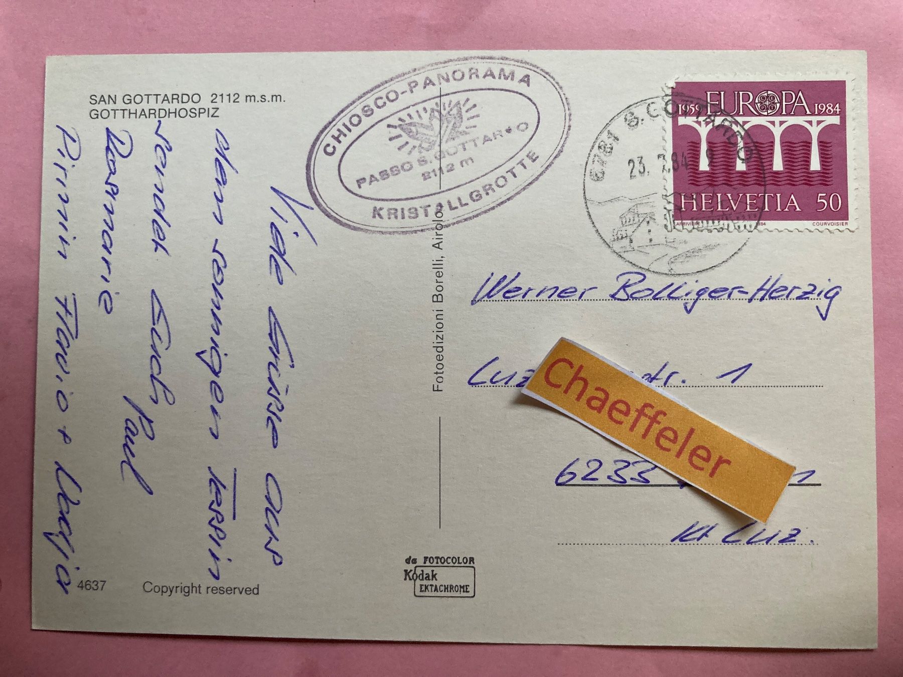Cartoline postali: 1984 San Gottardo, Gotthardhospiz – Usato da Zürich venduto da Chaeffeler 1