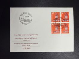 CH Brand der Luzerner Kapellbrücke 4er Block auf FDC 1993