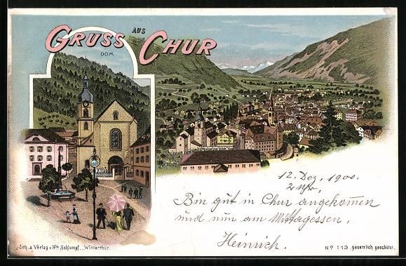 Cartoline postali: Lithographie Chur, Dom, Ortsansicht – Usato da Berlin venduto da bartko-reher
