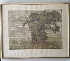 Alte signierte Farbradierung – Schäfer mit Schafherde