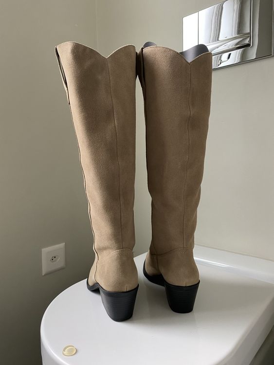 Stylish Suede Cowboy Boots, Knee-High, Beige 3