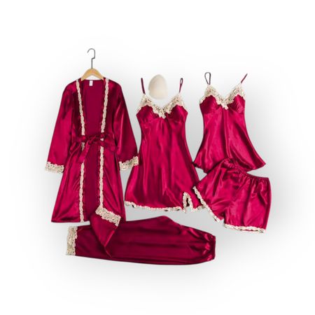 Ensemble Pyjama 5 Pièces Femme en Satin & Dentelle 