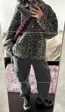 Oversized Denim Jacket - Subtle Leopard Print, XS-S