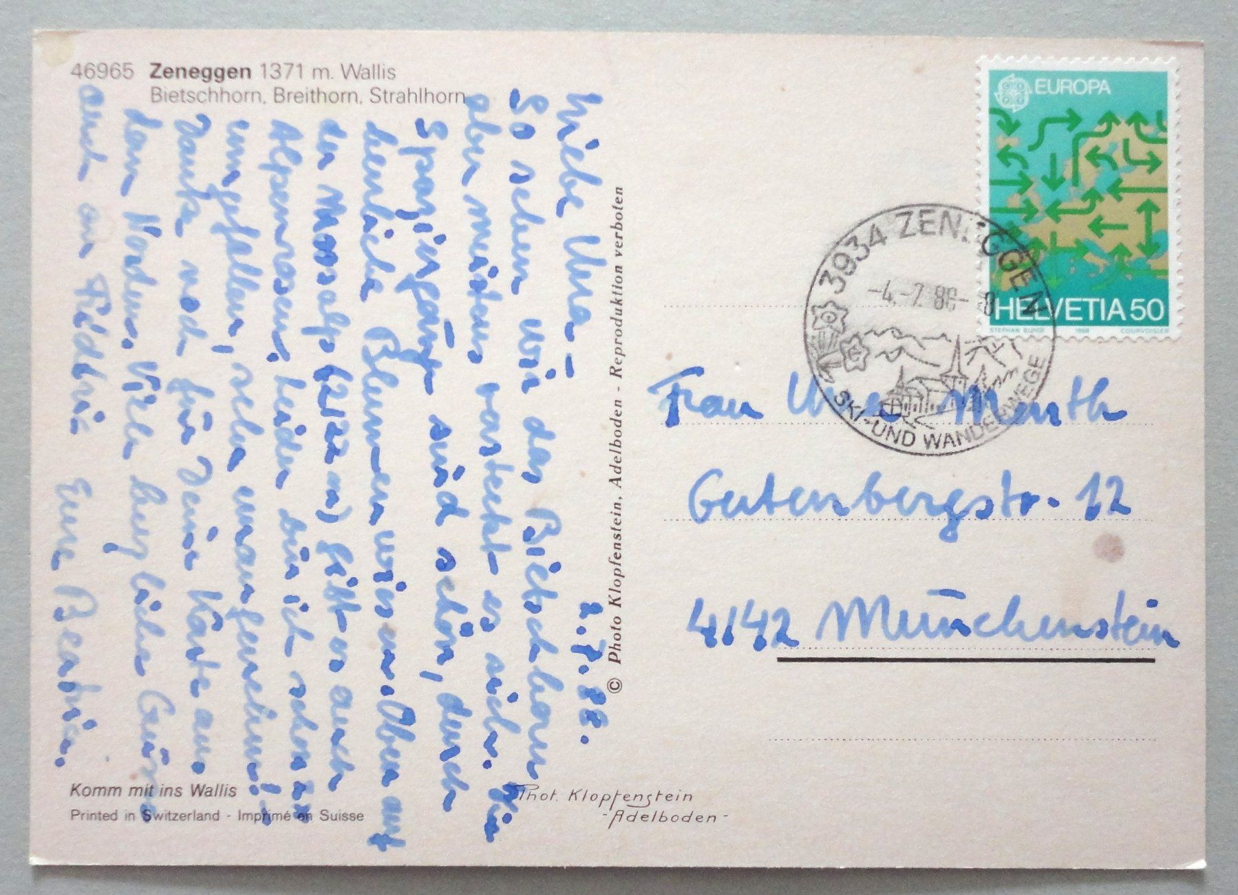 Cartoline postali: Zeneggen 1371 m, Valais – Difettoso da Fétigny venduto da Billy2miny 1