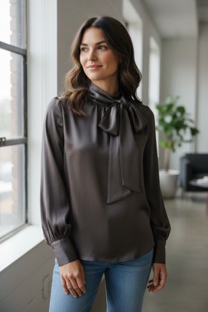 Damen elegante Satin Bluse mit Schleife dunkel braun m l