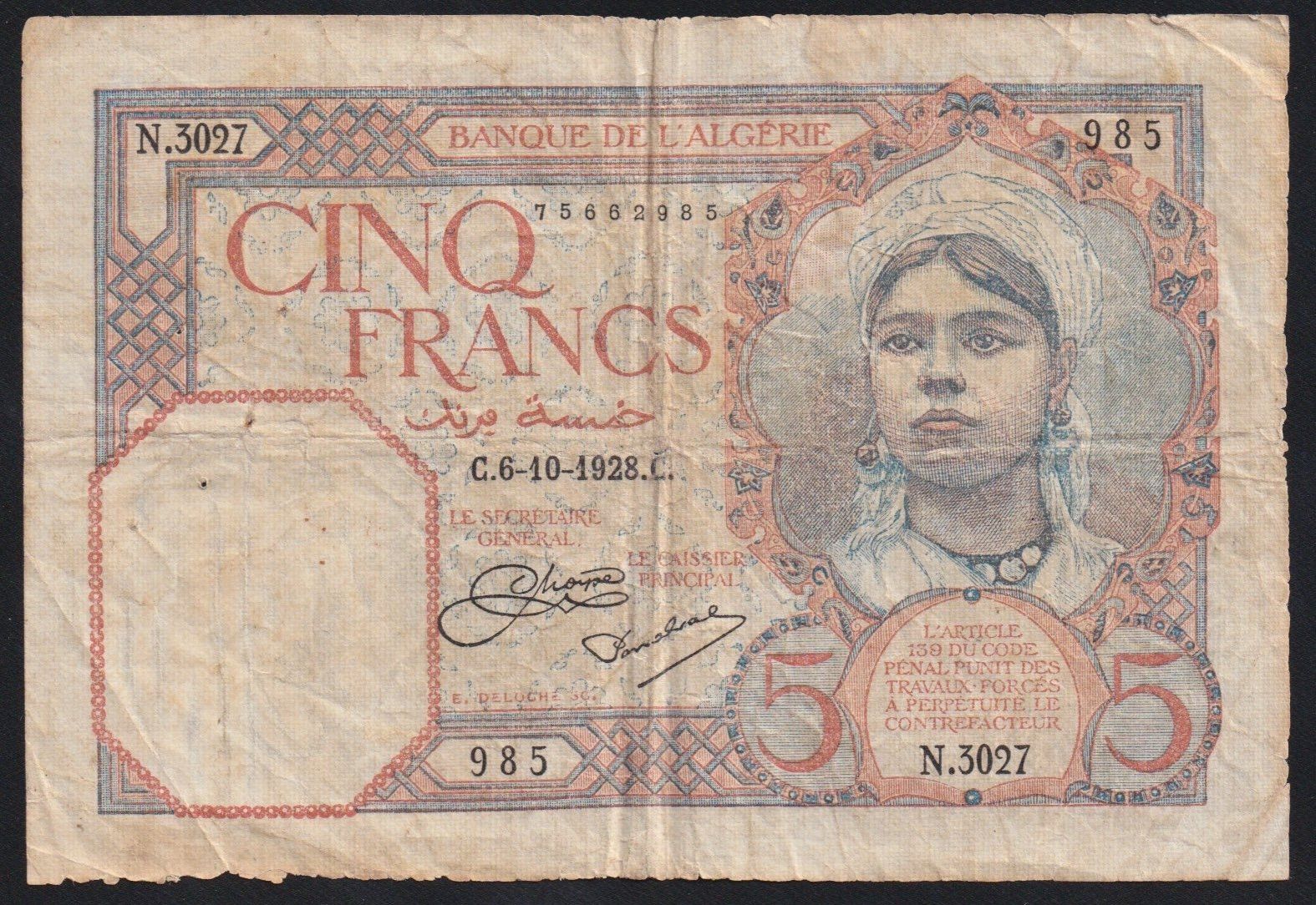 Billets de banque: Algerien 5 Francs 1928 – D'occasion à Brugg AG par banknoten_muesli