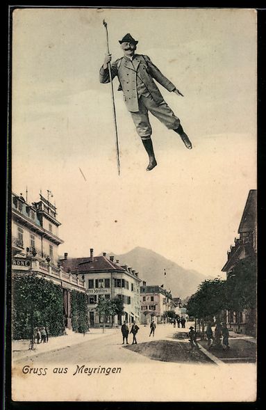 Cartoline postali: Meyringen, Fliegender Mann über der Str – Usato da Berlin venduto da bartko-reher