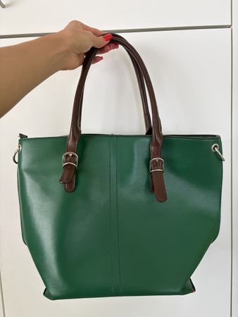 Grosse grüne Handtasche / Shopper mit braunen Henkeln