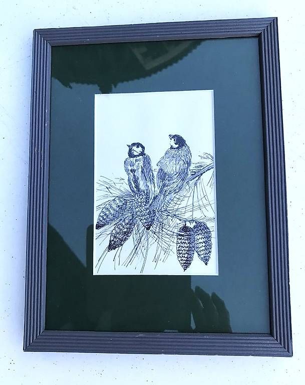 Dipinti: Tableau aux 2 oiseaux entourés de pives.  – Usato da Estavayer-le-Lac venduto da mar_2s6b 1