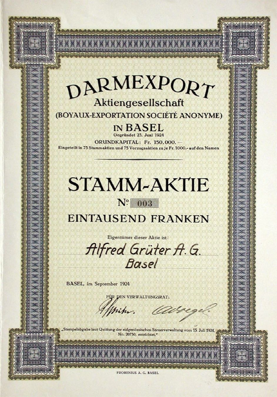 Dokumente: Darmexport AG in Basel - 1924 – Gebraucht aus Solothurn von Sgasche