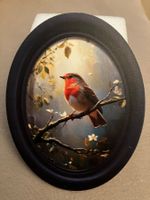 Schönes 2d flach Bild oval, Rotkehlchen, 10x13cm, neu