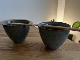 2x Ceramic Noodle Bowls w/ Chopstick Holders