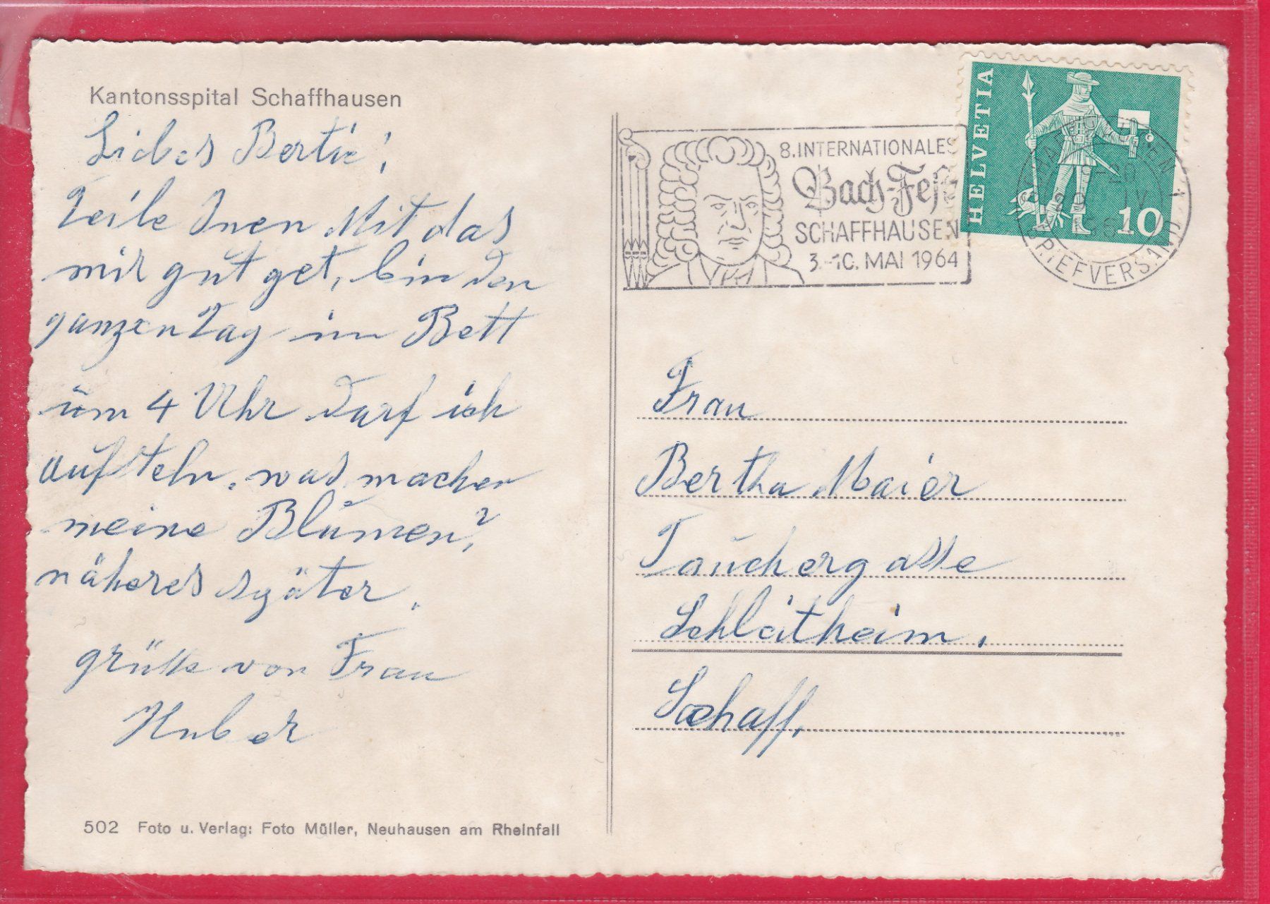 Cartoline postali: KANTONSSPITAL SCHAFFHAUSEN, 29.4.1964 – Usato da Oberrieden venduto da Gebirgsstelze 1