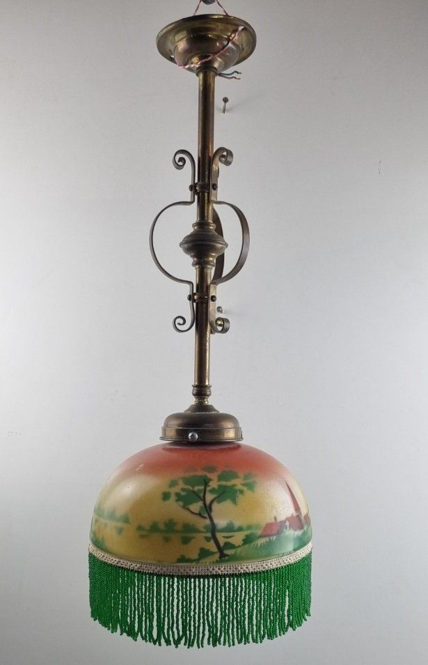 Lampadari & plafoniere: Jugendstil Hängelampe aus Glas mit Messinggestänge – Usato da Flums venduto da Flumsantik