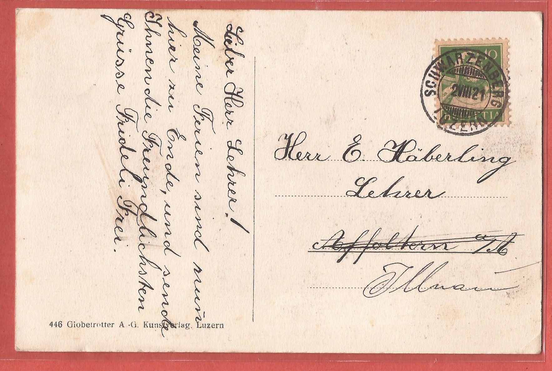 Cartoline postali: Schwarzenberg - Hotel Kreuz - 1921 – Usato da Fislisbach venduto da Porano 1