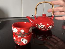Red Tea Set, Teapot and 5 Teacups, Asia Style