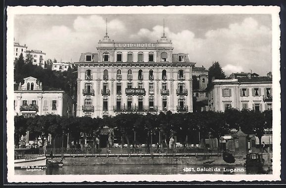 Cartoline postali: Lugano, Lloyd-Hotel, Panorama vom Wasser – Usato da Berlin venduto da bartko-reher