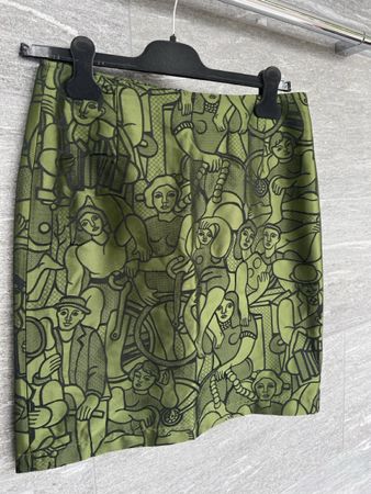 0039 Italy Mini Skirt, Size S, Olive Green, Unique Print!